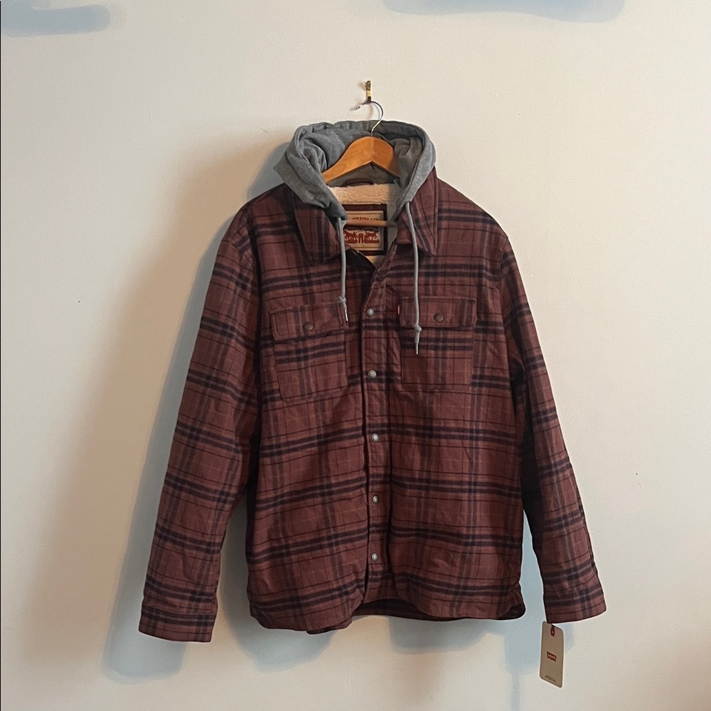 Levi's Men's Burgundy Plaid Shirt Jacket with Gray Hood